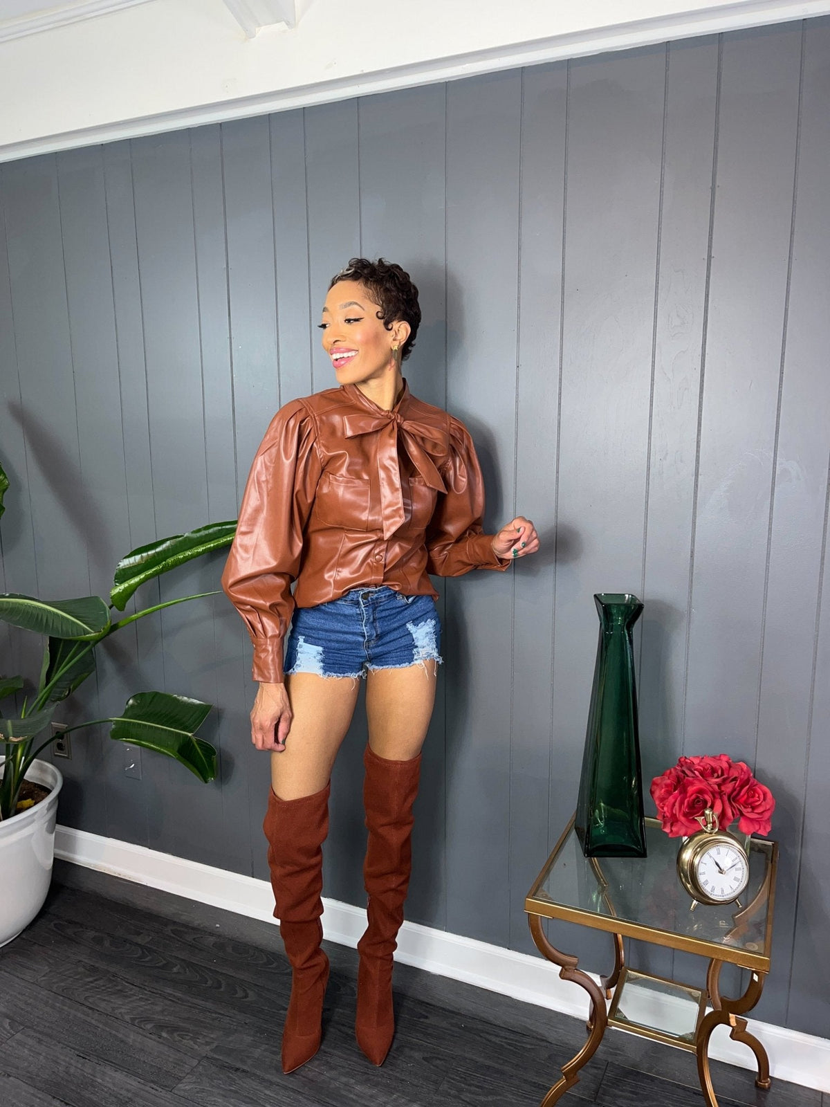 Faux Leather Bow Blouse - GlassHouse Chic