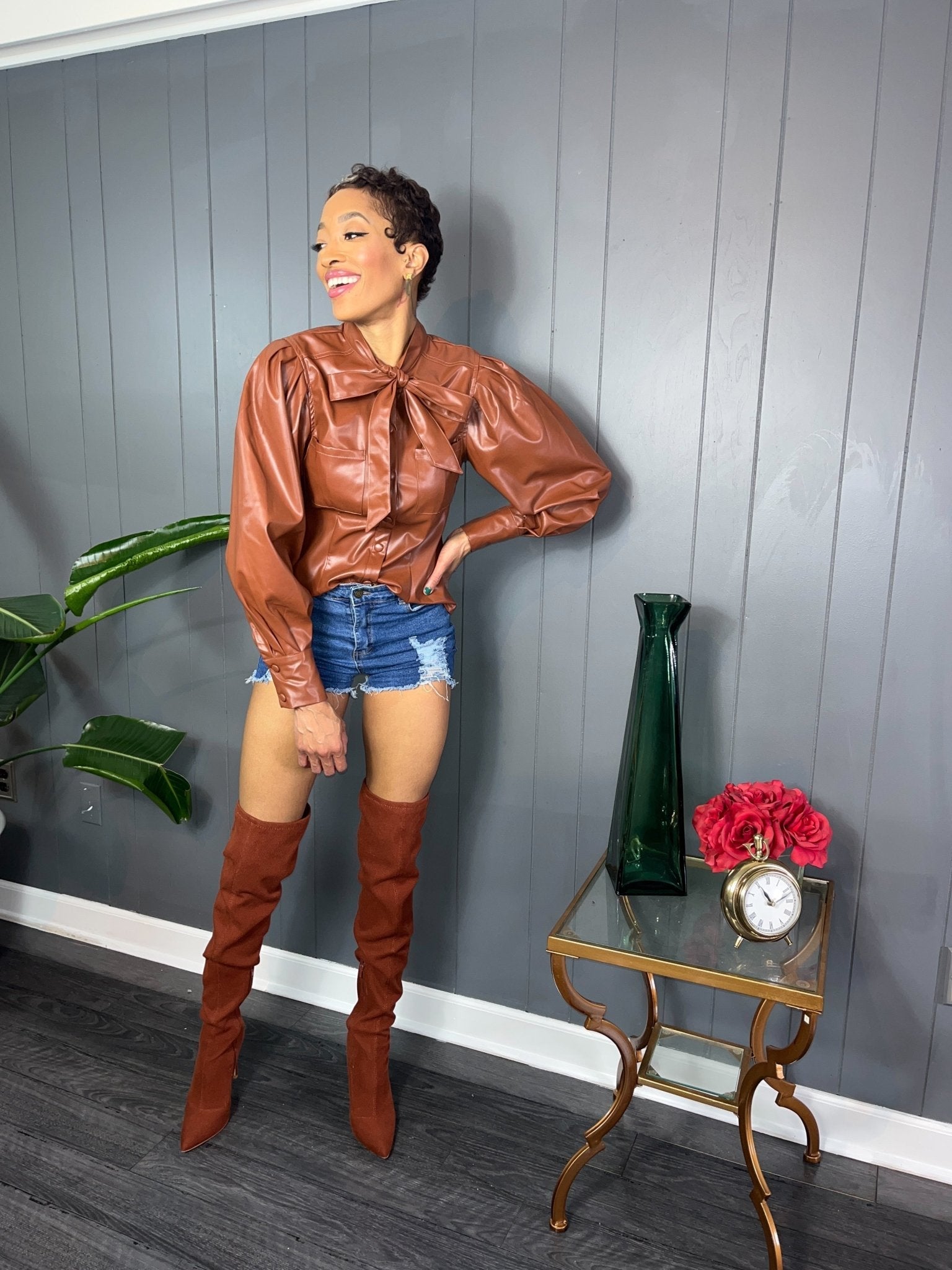 Faux Leather Bow Blouse - GlassHouse Chic